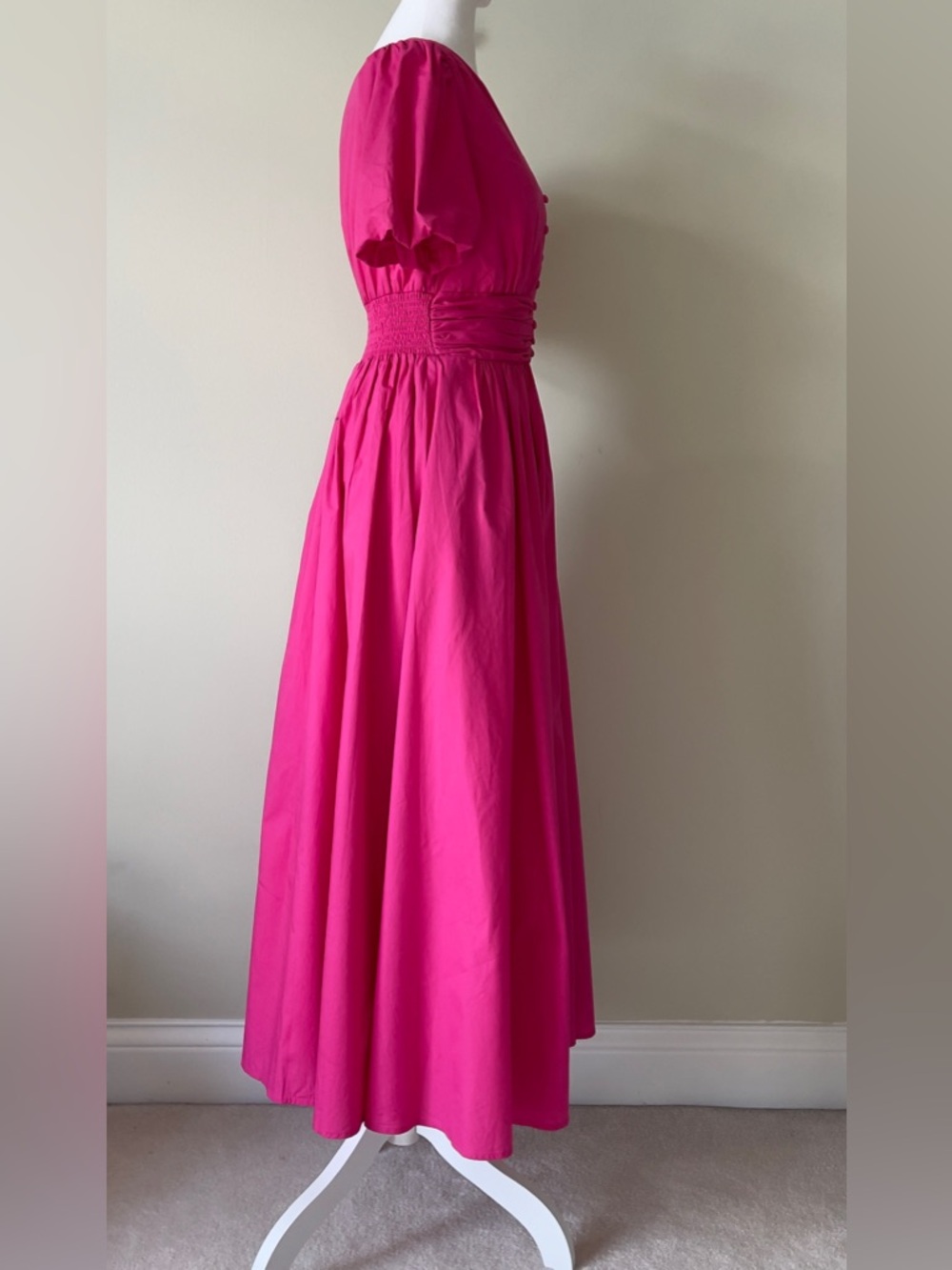 CECE DUPRAZ Ruched Waist V-Neck Short Puff Sleeve Cotton Maxi Dress NWOT - Picture 6 of 9